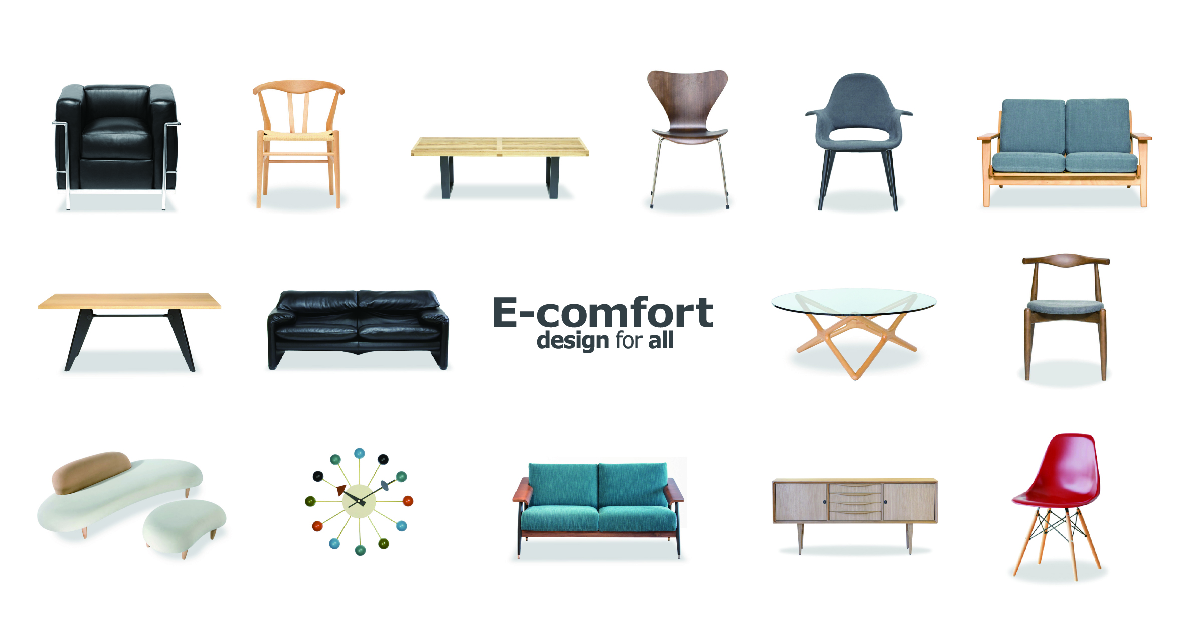 E-comfortが扱うチェア、ソファ、テーブル、収納家具のラインナップ